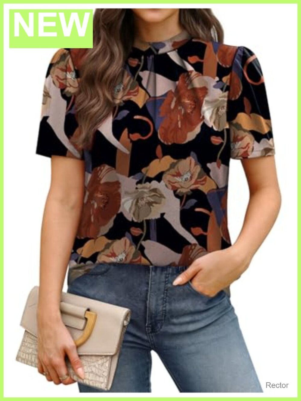 Womens Mock Neck Puff Sleeve Pleated Blouse Short Sleeve Business Casual Top